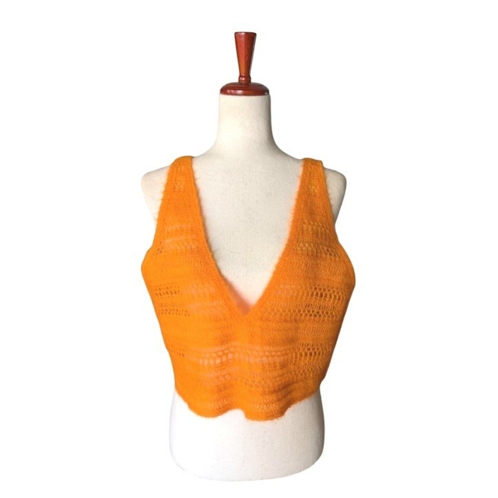 & Other Stories Orange Fuzzy Open Knit Deep V-Neck Crop Top Vest Small S